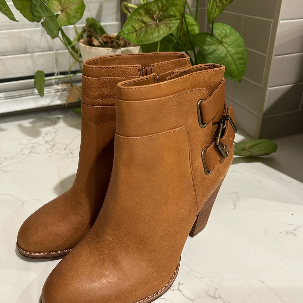Gianni Bini Cognac Leather Ankle Booties with Buckle Detail